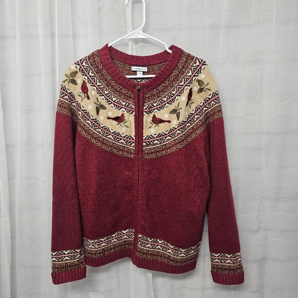 Croft & Barrow Red Cardinal Fair Isle Cardigan Zip Preppy Collegiate XL - Picture 10 of 13